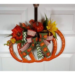 Orange Enamel Fall Pumpkin Wreath,‎ Fall Halloween Decor,  Sunflowers & Leaves